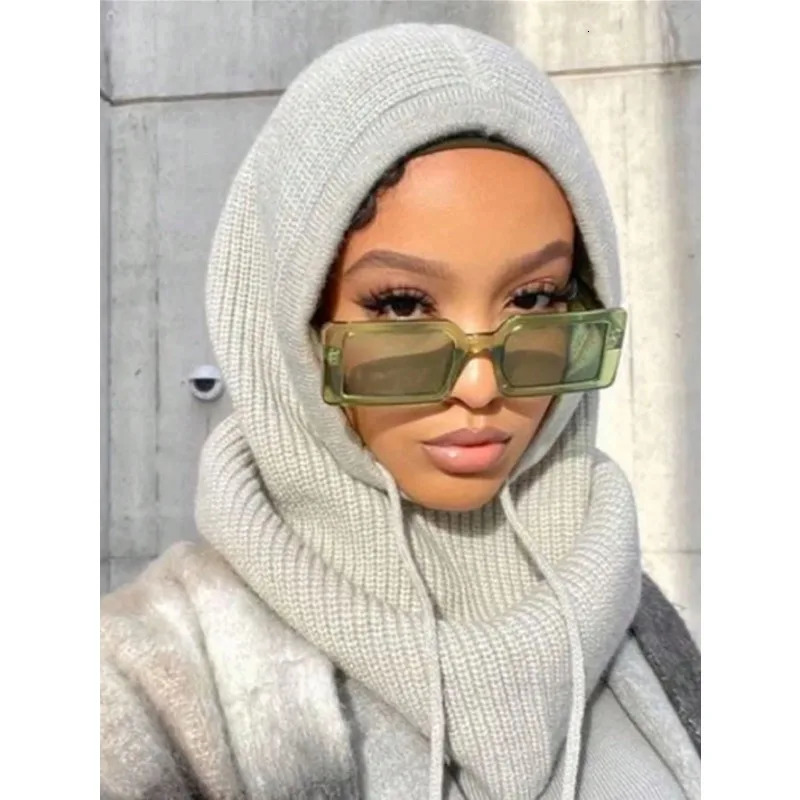 1pc Winter Warm Knitted Balaclava CapOutdoor ProofHood Scarf Neck Elastic Drawstring Soft Thick Beanie Hat for Skiing in Winter 251211
