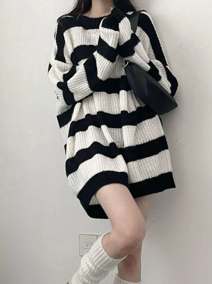 Jmprs Y2K Striped Sweaters Women Gothic Loose Punk Knitted Jumpers Streetwear Harajuku Long Sleeve Vintage Lady Pullovers Tops 251211