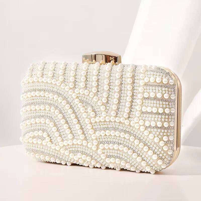 Ladies Pearl Elegant Evening Fashionable Stylish Beading Wedding Dinner Party Banquet Dress Clutch Bag With Long Chain
