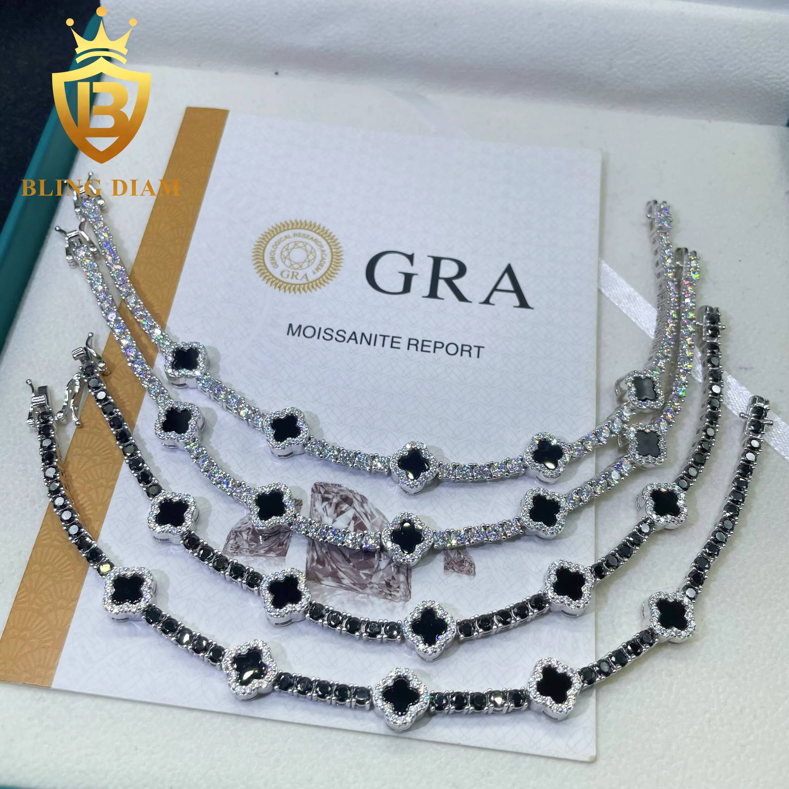 Hot Selling 3mm Four Clover Leaf 925 Sterling Silver Luxury Hip Hop Moissanite Diamond Tennis Chain Bracelet Pass Diamond Test