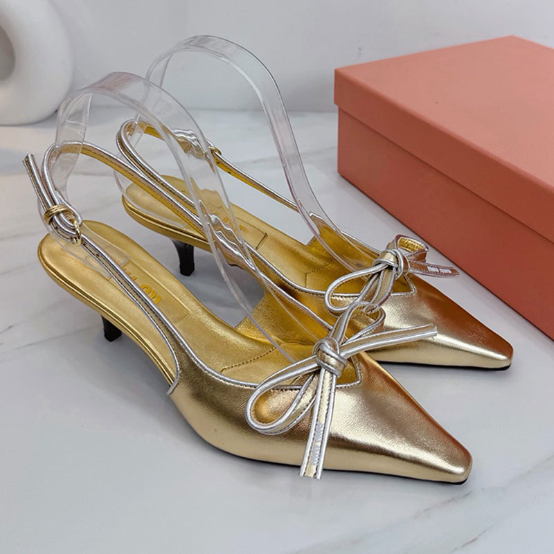 Leather Slingback Pumps With Bow 5I474E Designer Pointed High Heels Womens Slim Heel Elegant High Heels Ladies Summer Sandals Fashion Brand Sizes 35
