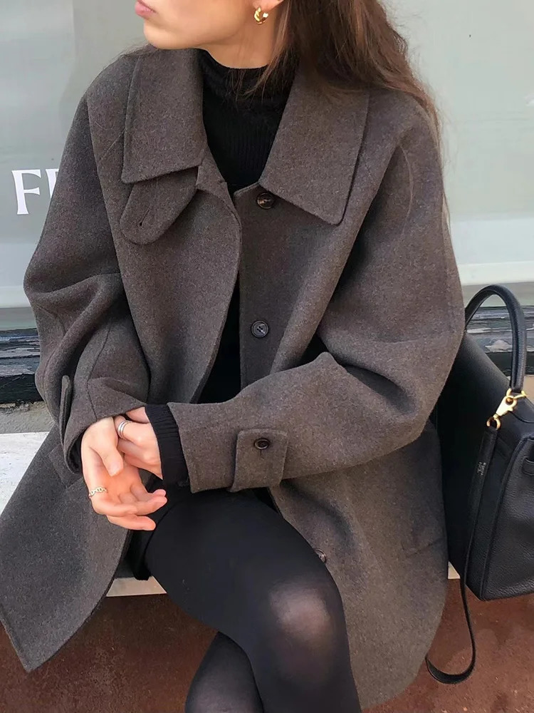 Autumn Winter Hand-stitched Double-sided Wool Coat Female Short All-match Loose Warm Lapel Single Breasted Woolen Jackets Women 251213