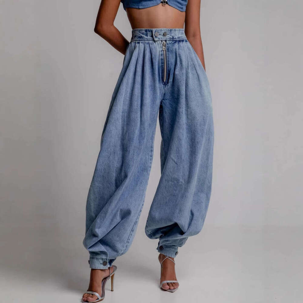 European And American Women's Fashion New Summer High Waist Zipper Jogger Jeans Loose Casual Retro Pants Wholesale B5