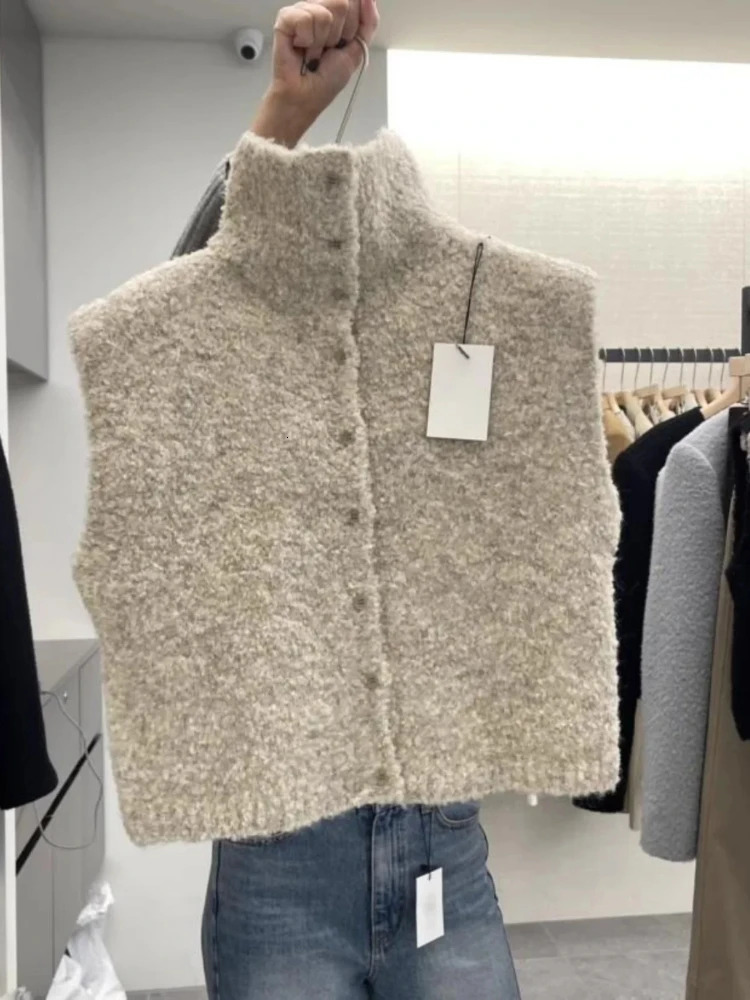 Spring 2025 Women Knitted Open Cardigan Sweater High Collar Sleeveless Vest Sense Korean Casual Commute Fit Outerwear 251212
