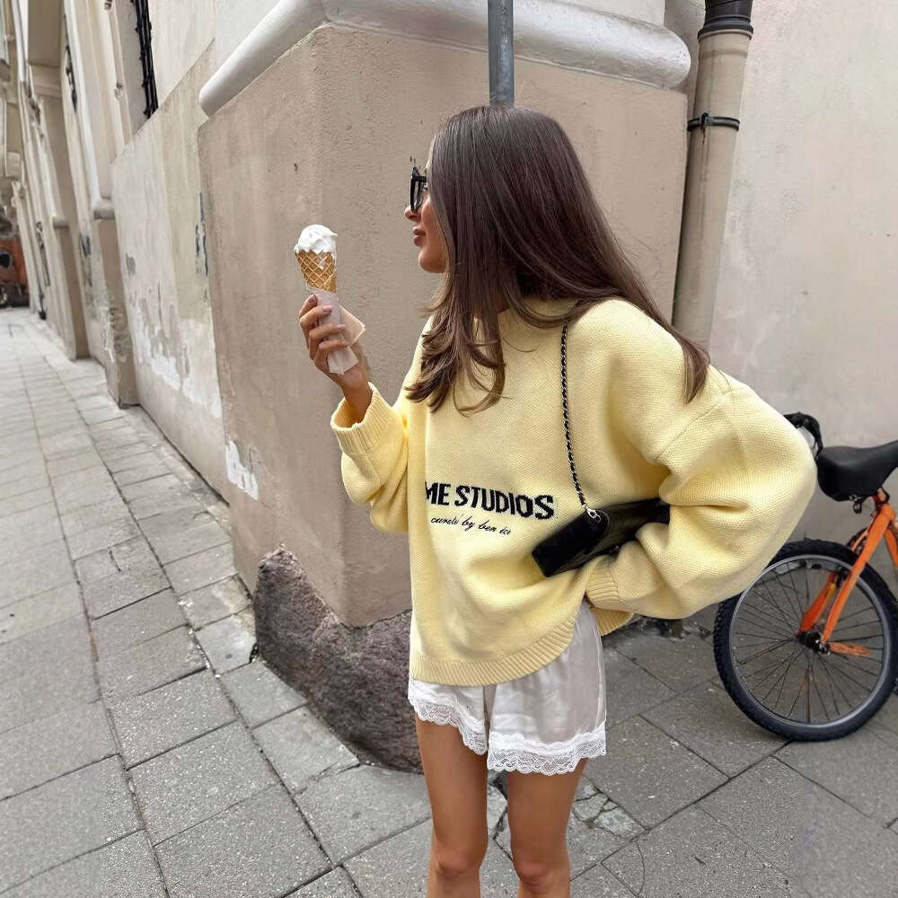 Loose Retro Lazy Style Letter Sweater Women, New Autumn Winter Pullover Yellow Knitted Top For Women B5