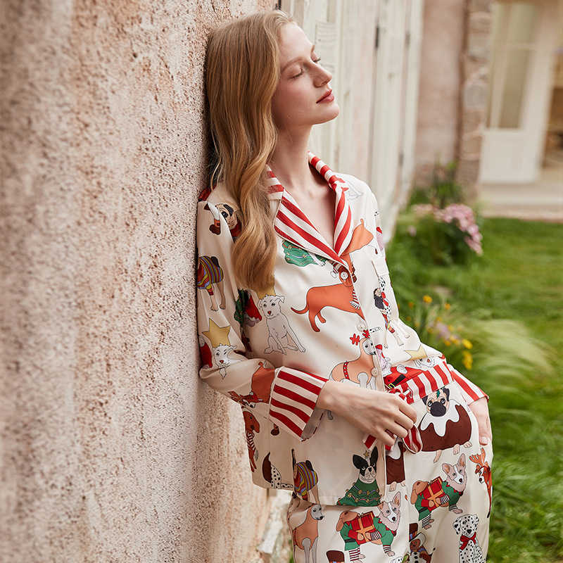 Ins-style pajama set for women, spring-autumn long-sleeved pants with a suit collar, silk-like fabric, women's home wear set L260528-image-1062611566