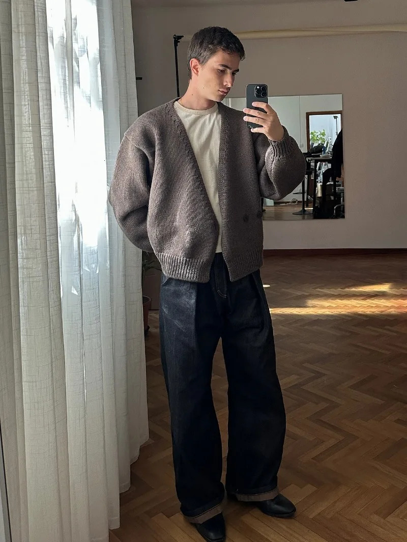 American Retro Harajuku Button Cardigan Men Trendy Autumn and Winter Warm Streetwear High Street Casual Brown Knitted Sweater 251211 44