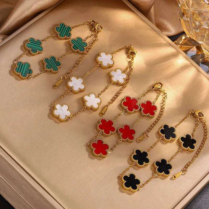 Htpwe Stainless Steel Solid Color Flower Four-Leaf Clover Women 18K Gold Couple Holiday Gift Bracelet Party Jewelry