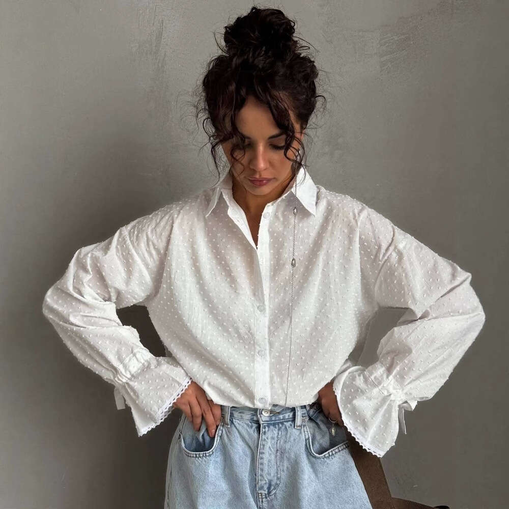 Spring Fashion Hot Girl Trend Cotton Women's Shirt Single-Breasted Cardigan Autumn New Style Elegant Bell Sleeve Top B5