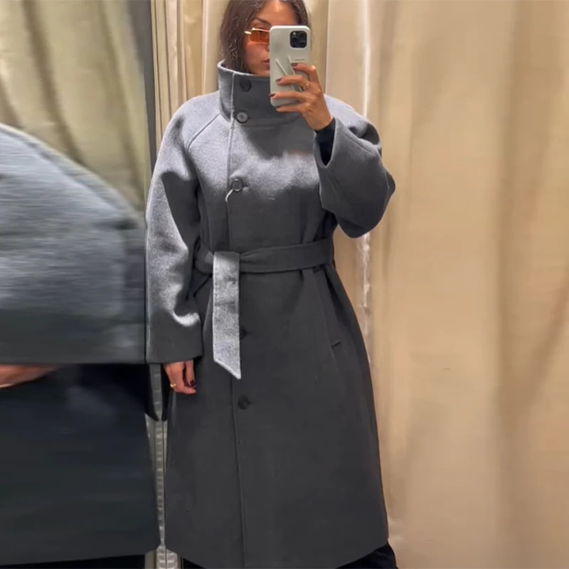 Womens Elegant Long Woolen Coat Chic Casual Stand Collar Lace-up High Quality Overcoat Winter Daily Commuting Outerwear 251213