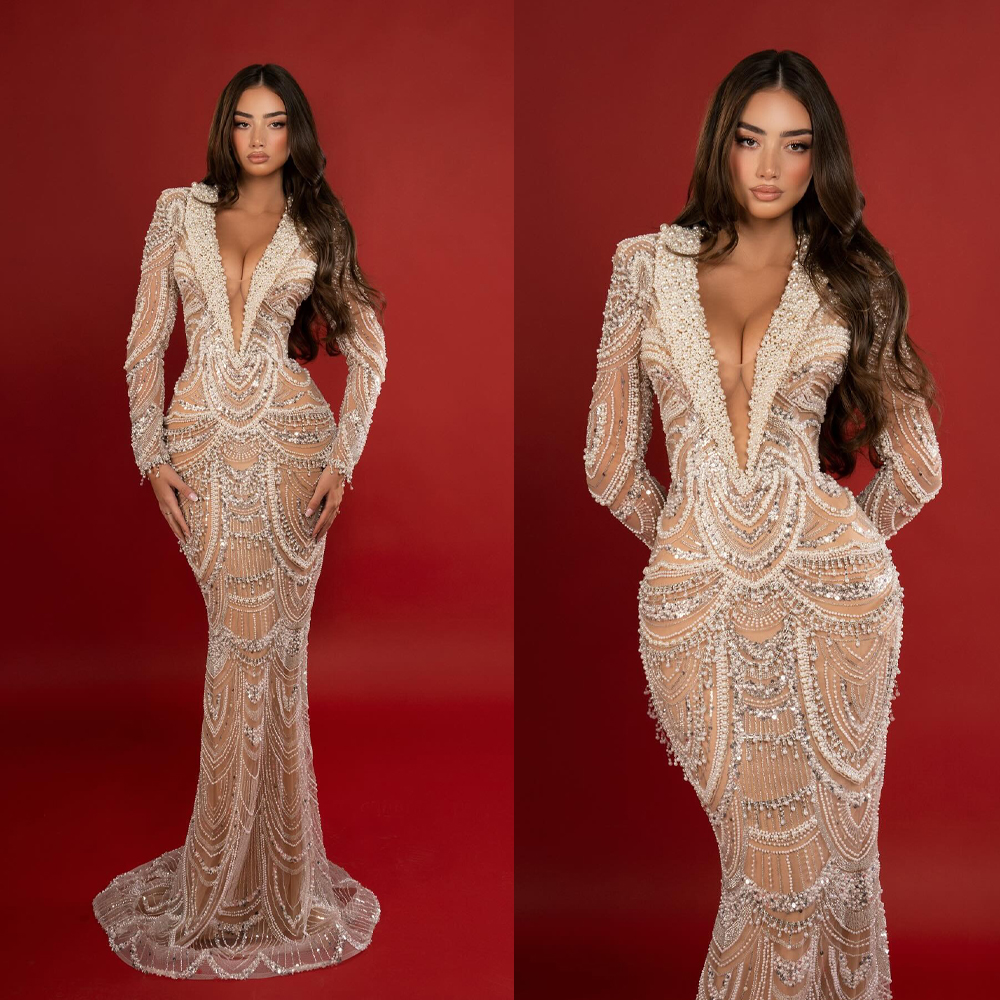 Luxury Evening Dresses Deep V Neck Prom Gown Pearls Beaded Sequins Mermaid Illusion Long Sleeves Customized Vestidos De Noche Plus Size