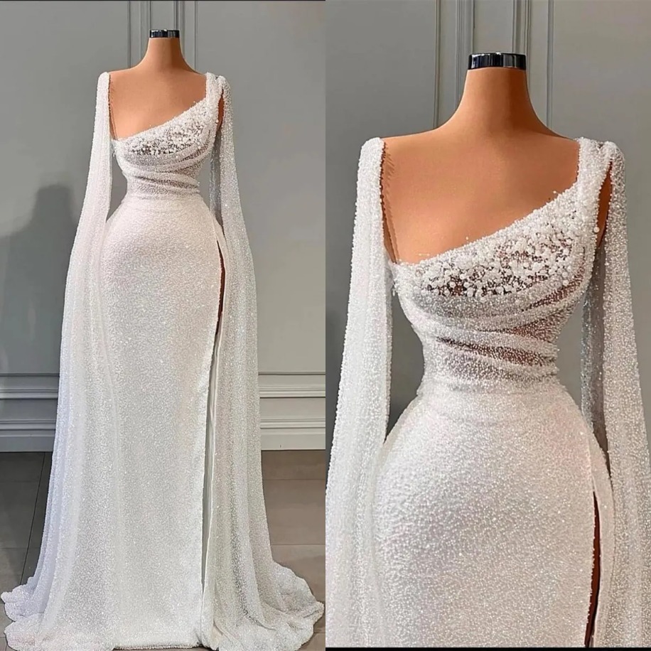 Elegant Mermaid Evening Dresses Sheer Neck Long Sleeves Gown Sequins Pearls Sweep Train Prom Party Dress Custom Made 1215