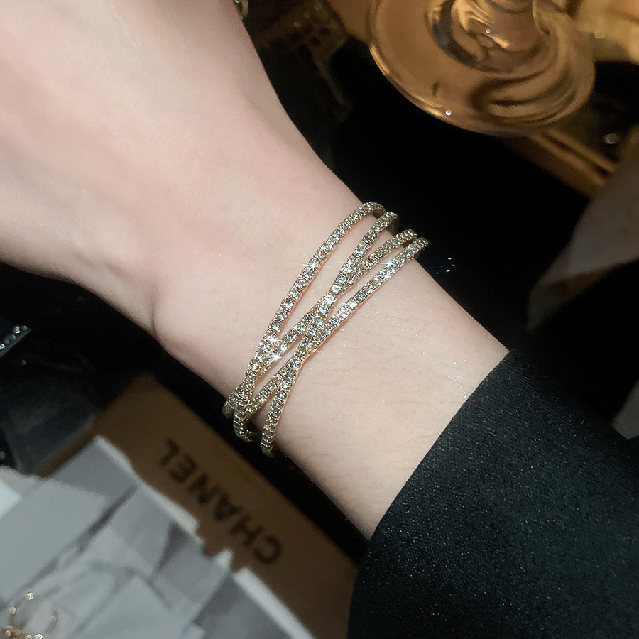 European and American Style Inlaid Diamond Multi-layer Cross Open Exquisite Versatile Daily Commuting Bracelet Light Luxury High-end Feel Women&#