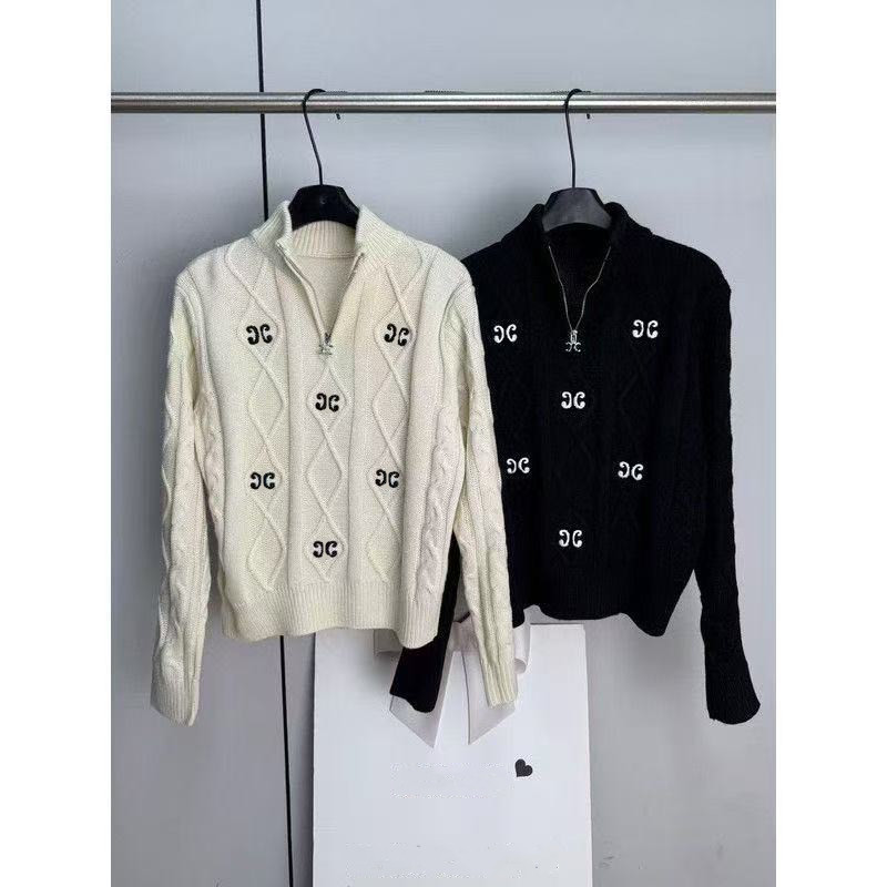 Designer High-quality zipper lapel long-sleeved knitted sweater, fashionable embroidered letter Logo printed pullover sweater for winter women