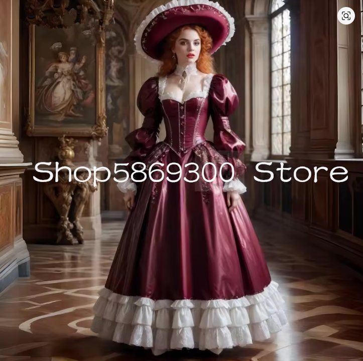 Abiti da ballo di epoca vittoriana Abito da sera con lacci con corsetto principessa bordeaux lucido con volant e maniche lunghe Costume da festa per