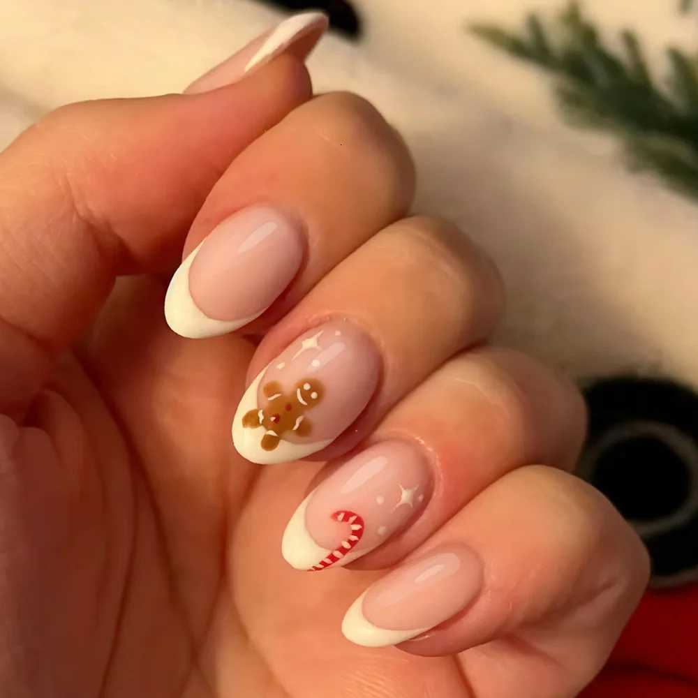 24pcs Christmas Press on Nails Short Almond French Gingerbread Cane Fake Nail for WomenGirl Removable Wearable False Nail ArtT251215-image-1088426200