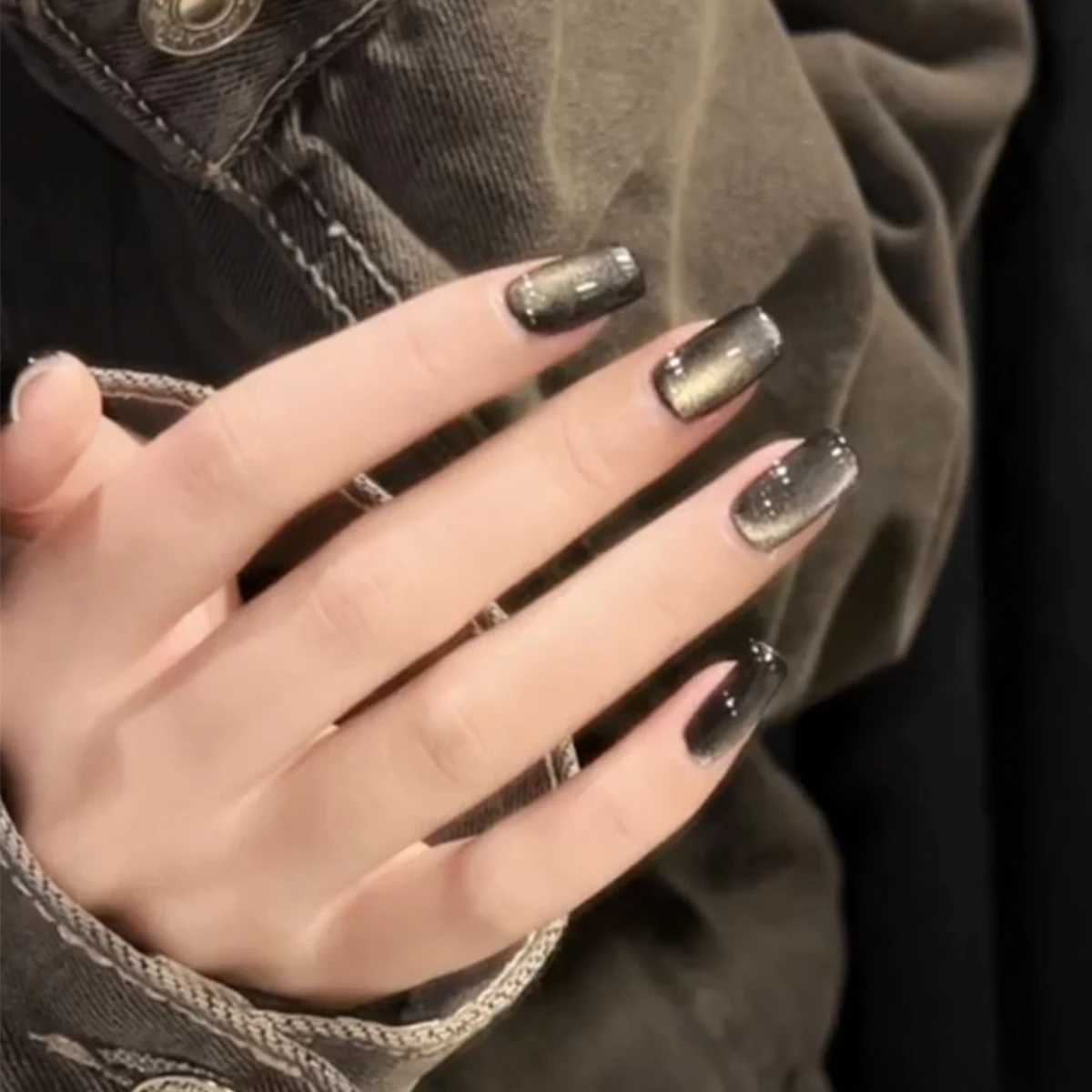 Luxury trend 24Pcs/Set Women Girls medium Square Black French Cat Eye Matte Full Coverage Wearable Fake Nail Press on Nail ArtT251215-image-1088421809