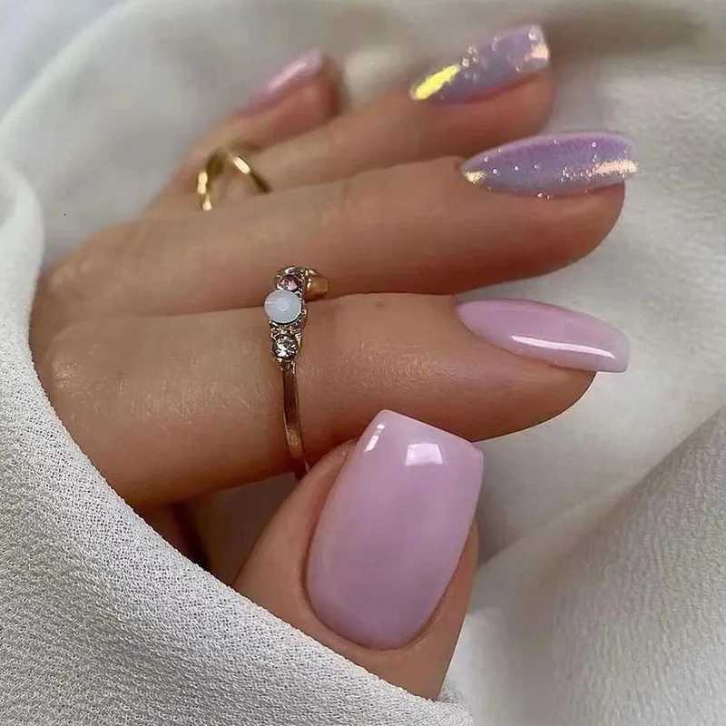 24Pcs Nail Aurora Glitter Fake Nails Short French Press on nails Simple False nail tips Full Cover Artificial Acrylic Nails TipsT251215-image-1088426312