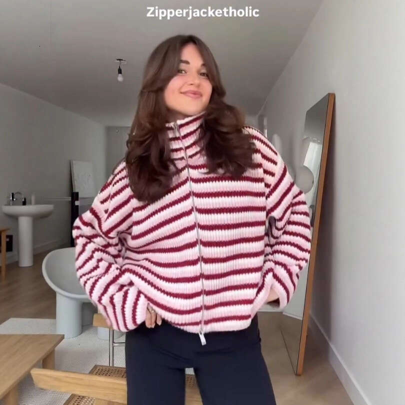 Round Neck Sweater Jacket For Women, Autumn And Winter Warm Casual New Color Block Striped Versatile Lazy Style Loose Zipper B5