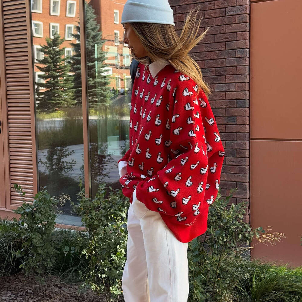 European And American Style Lazy Versatile Color-Block Jacquard Sweater Autumn Winter New Age-Reducing Outerwear Red Knitted Base Shirt B5