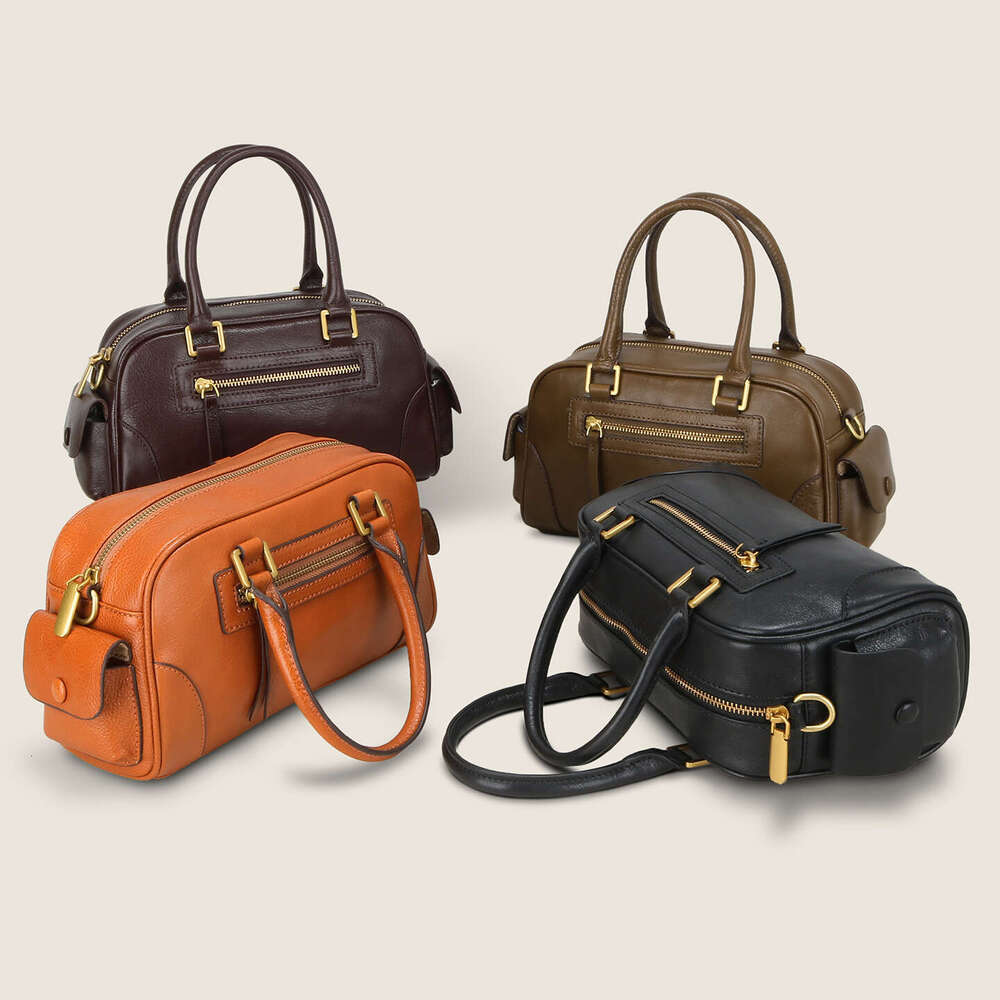 Vintage Top Layer Vegetable Tanned Handbag Bowling for Women New Genuine Leather Korean Motorcycle Versatile Crossbody Bag