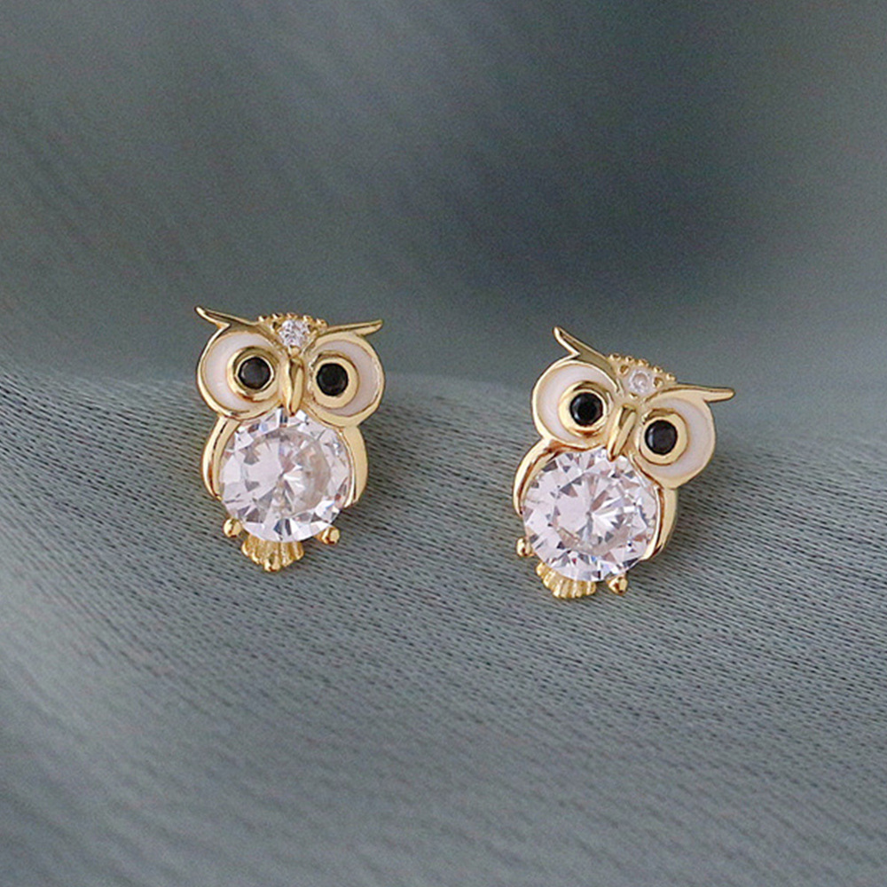 Exquisite Owl Zircon Stud Earrings for Women 18K Real White Gold Plated Sparkling Diamond CZ Crystal Owl Earrings Cute Animal Earrings Luxurious Par