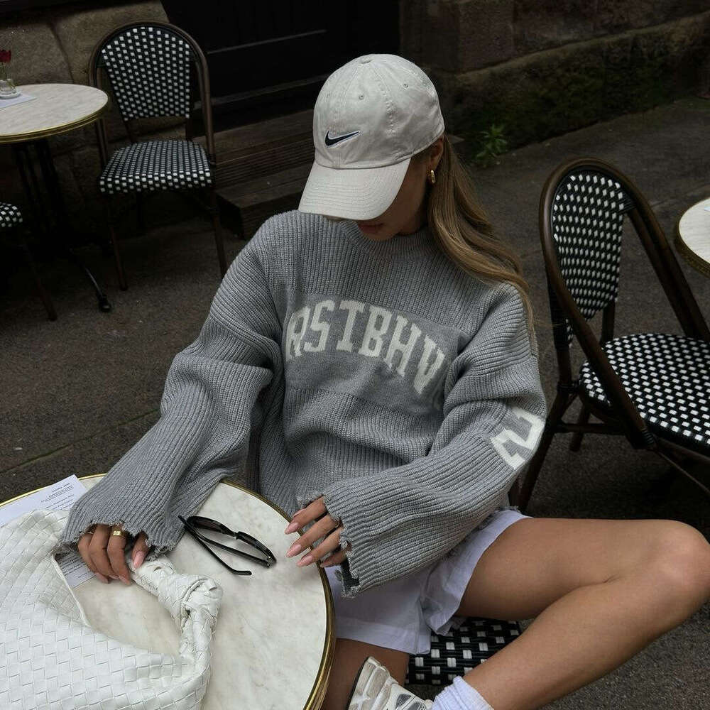 Basic Letter Jacquard Lazy Style Pullover Sweater For Women, Autumn And Winter, Gray Soft Loose Fit Versatile Knitted Top B5