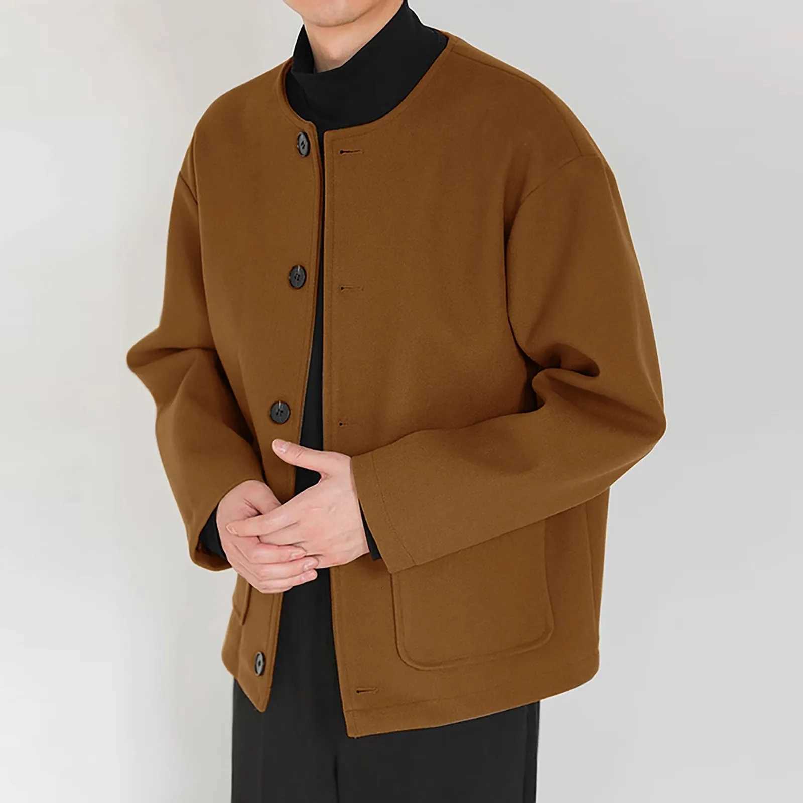 MenS Casual Jacket Design Collarless Loose Silhouette Woolen Solid Color Jacket Windbreaker MenS Jacket H251215