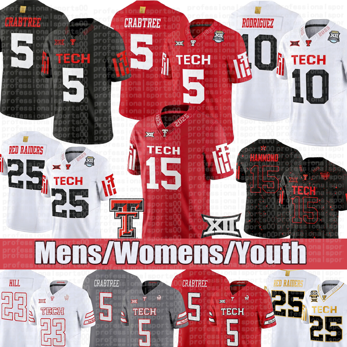 Texas Techs Red Raider 2025 Big # 2 Morton # 15 Hammond # 12 Griffis # 8 Dickey # 20 Williams # 5 Douglas # 1 Virgil Maillots de football