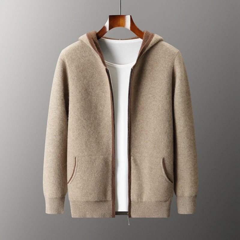 Autumn Winter 100 Cashmere Sweater Hooded Zipper Cardigan Mens Air Layer Thickened Color Block Knitted Jacket 251211