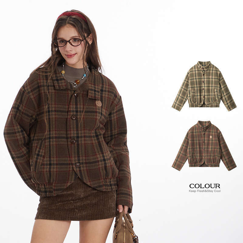 Heyhenry European And American Retro Loose Plaid Petite Short Long Sleeve Jacket Shirt Niche Casual Cotton Coat For Women