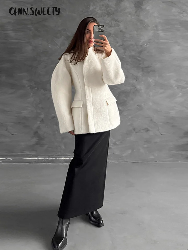Elegant Solid Womens Woolen Coat Full Sleeve V-Neck Pocket Waist-Close Lady Coats 2026 Spring Chic Female Street Jackets 251213