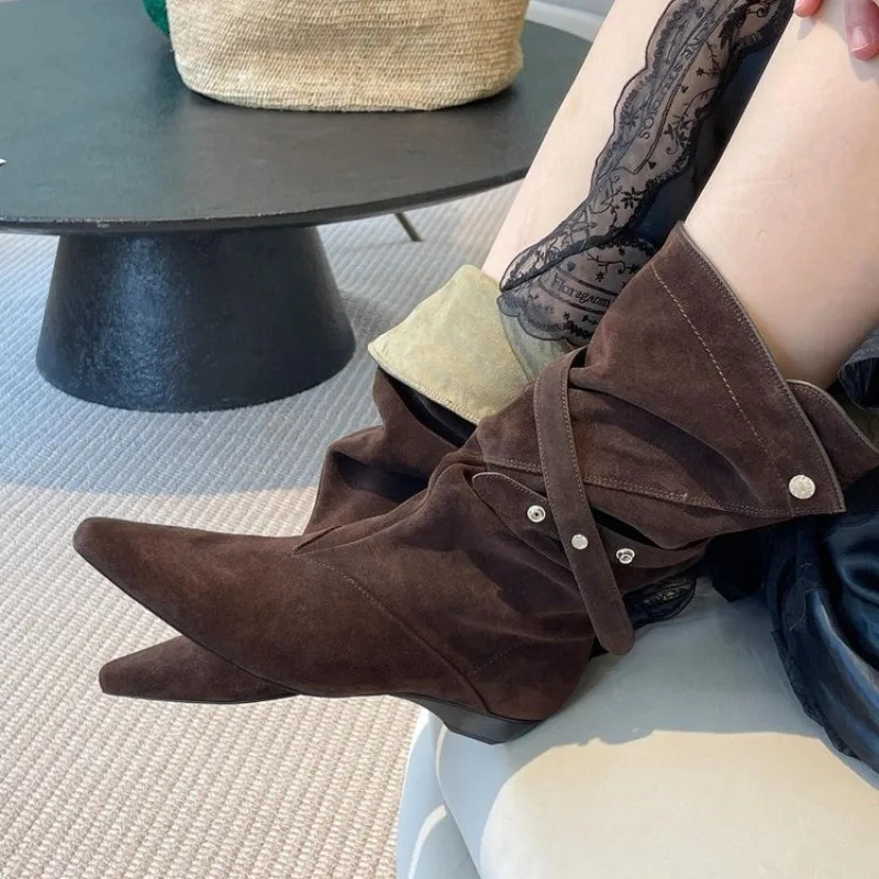 Autumn and Winter Retro Pile Booties Womens Pointed Toe Mid-Leg Boots 251212