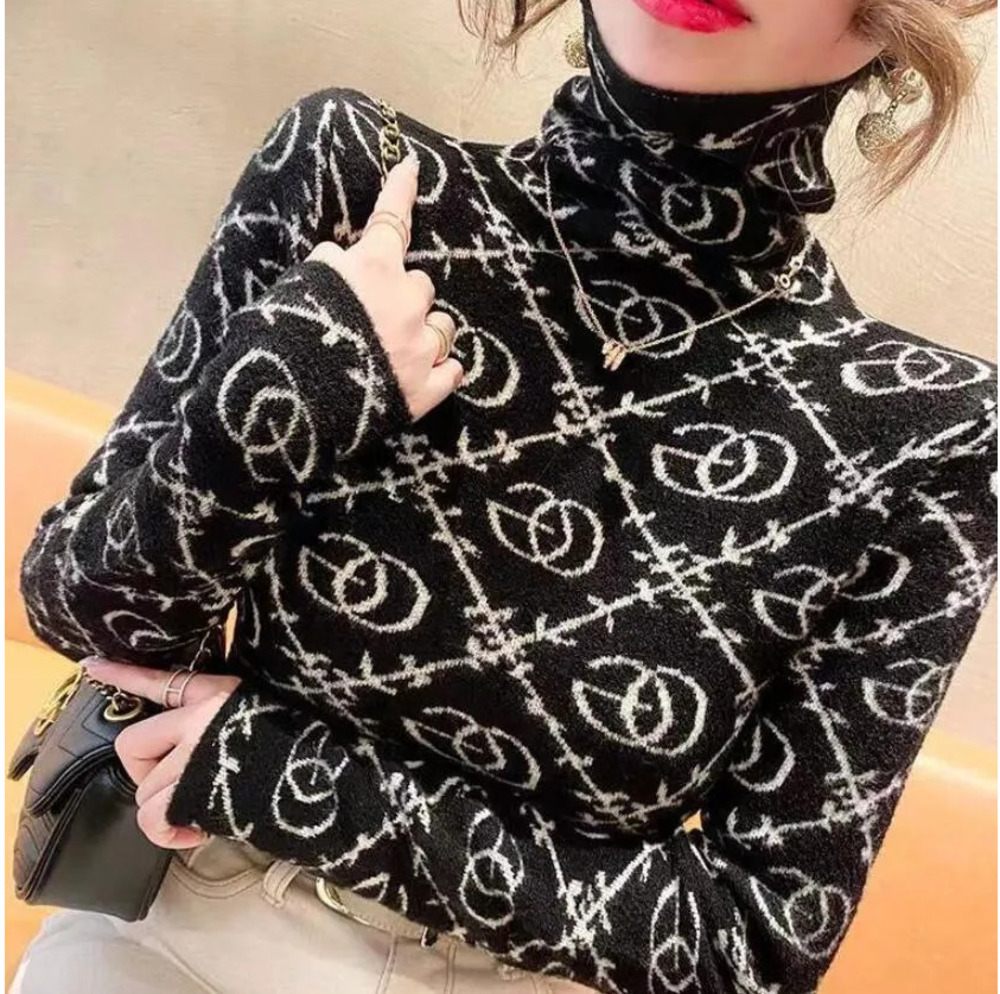 2025 designer new turtleneck undershirt sweater womens pullover autumn and winter new long sleeve slim self-heating thermal t-shirt top tide M-3XL j