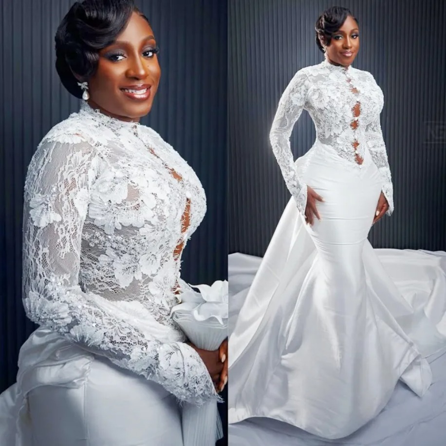 Elegant African Black girl Wedding Dress Bridal Gowns For Bride Mermaid High Neck Illusion Beaded Lace Detachable Train Wedding Gowns For Black Wome