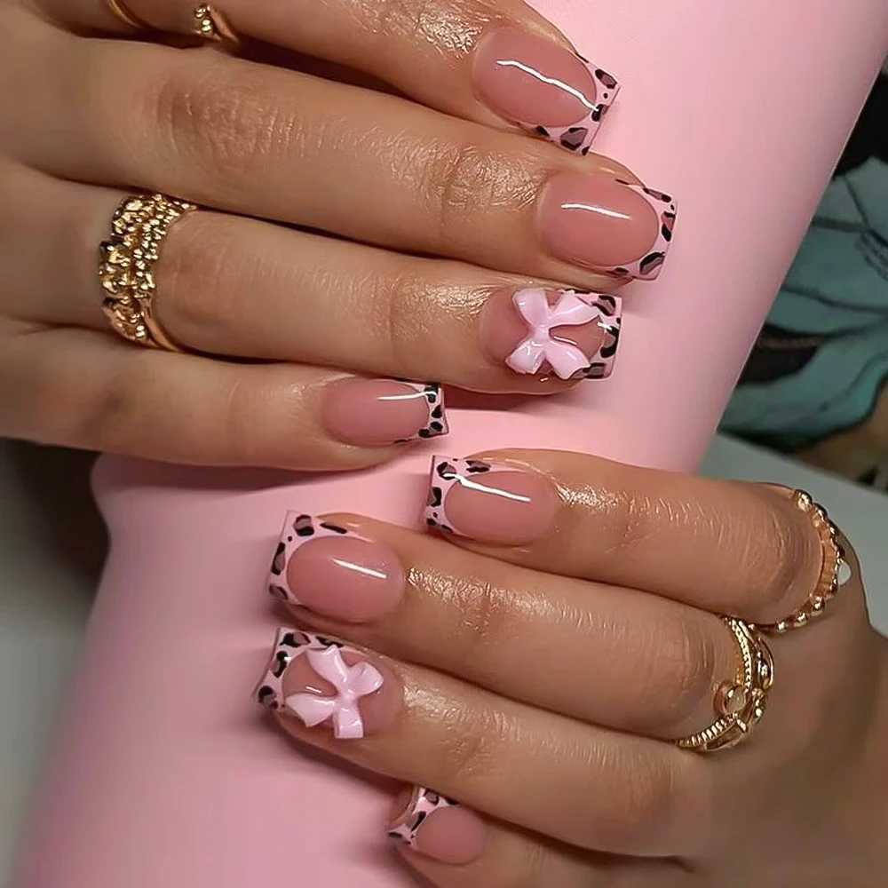 24Pcs Pink Leopard Print Short Square Press on Nails French Bow Wearable False Nails Full Cover Removable Manicure Diy Nail TipsT251215-image-1088421369