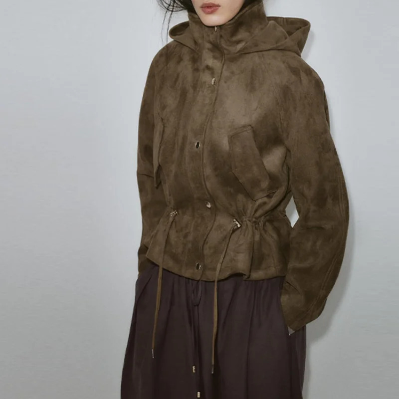 Womens Vintage Drawstring Waistband Jacket Solid Color Long Sleeved Hooded Coats Lady Autumn Winter Commuting Outwear 251211