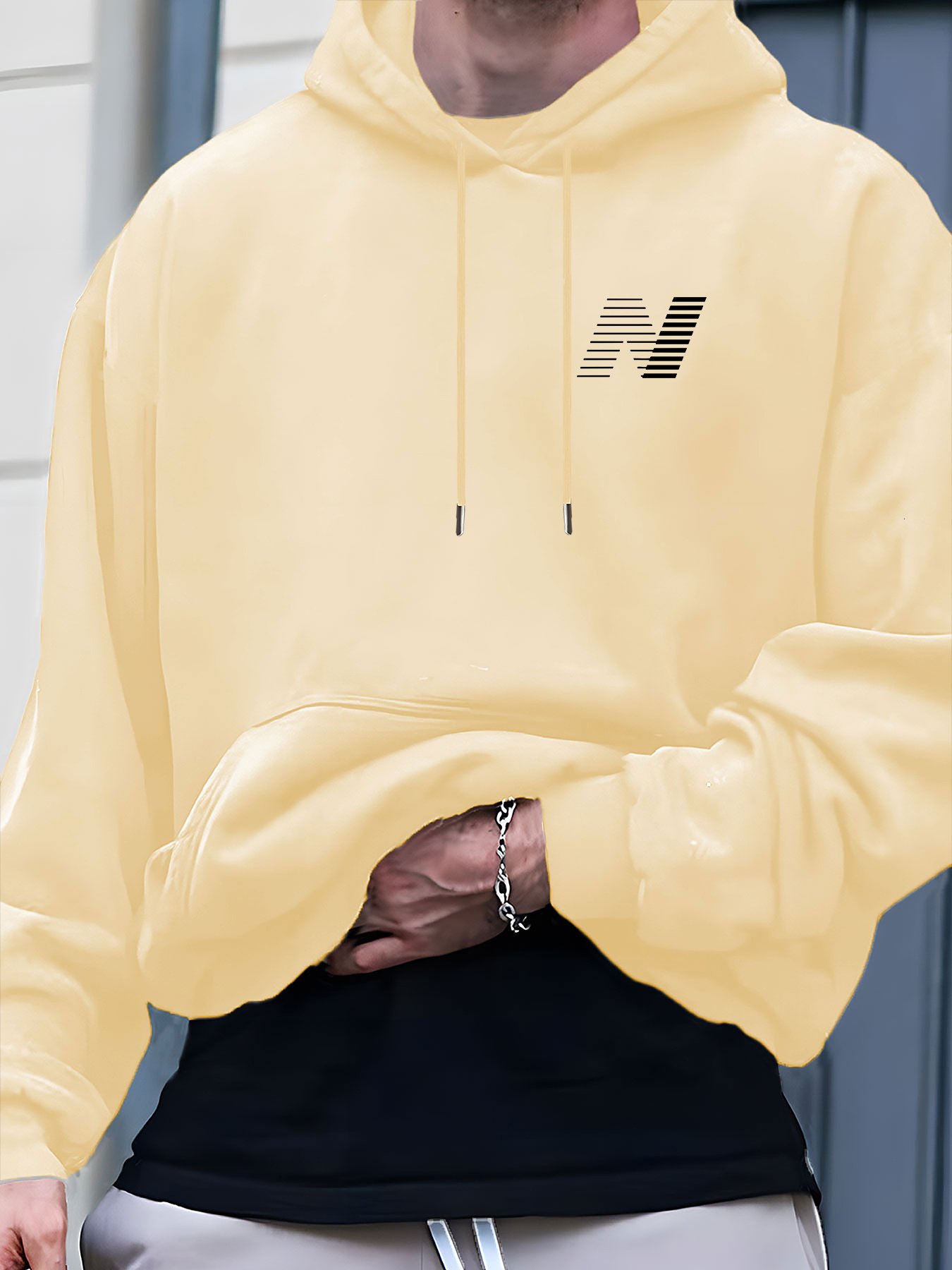 Men's - Warm Street Style Pullover with 'N' Pattern Print, Kangaroo Pocket, Zipper Hood Side Pockets, All-Season Fit, Casual Wear Hoo