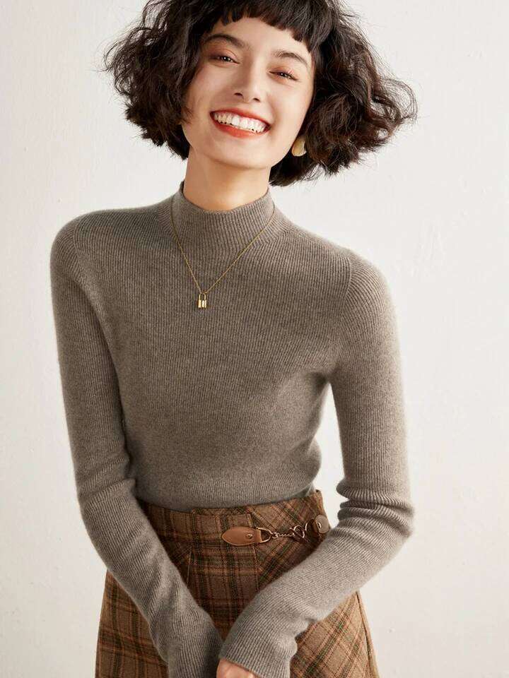 ADDONEE Women's 100% Sweater Mock Necl Long Sleeve Slim Basic Pullover Autumn Winter Soft Warm Cashmere Knitwear Tops