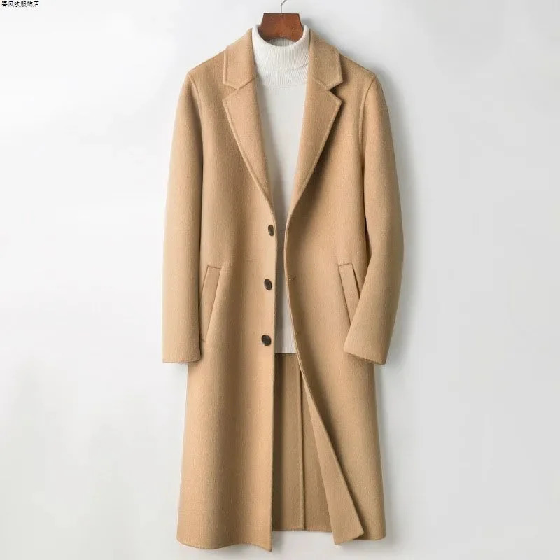 Mens Winter Long Coat Knee Length Warm And Wwindproof Single Breasted Suit Collar Camel Color 251211