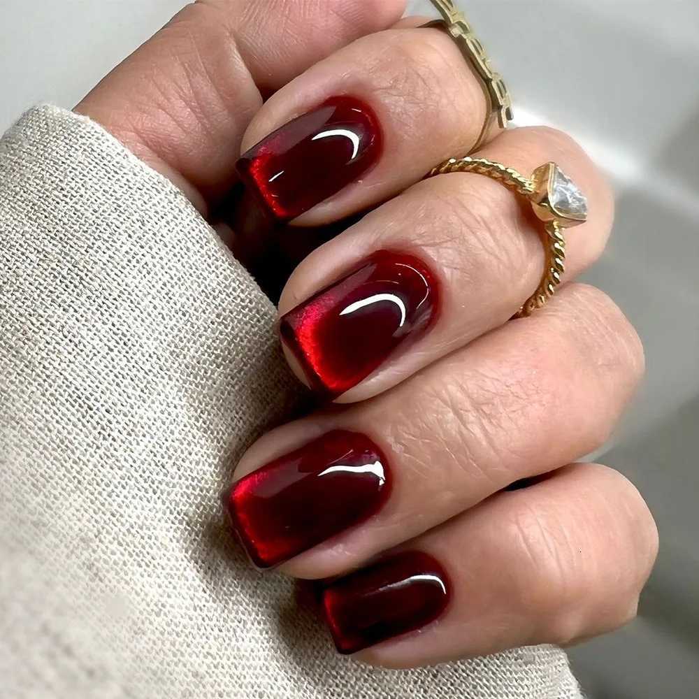 24pcs Crystal Cat Eye False Nails with Glue Short Square Press on Nails Shiny Red Jewel Nail Solid Color Fake Nails MinimalisT251215-image-1088426773