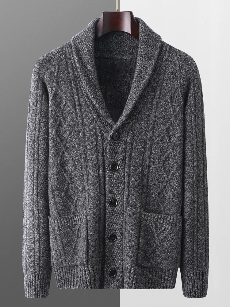 Autumn Winter 100 Merino Wool Mens Thick Cardigan Twist Flower Sweater Smart Casual Soft Warm Knitting Clothing Tops 251211