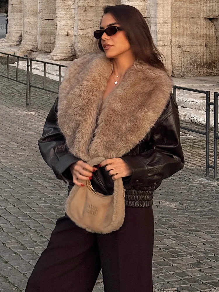 Fashion Female Detachable Fur Collar Double Breasted Winter Warm Street Coat Vintage Faux Fur Patchwork Leather Jacket