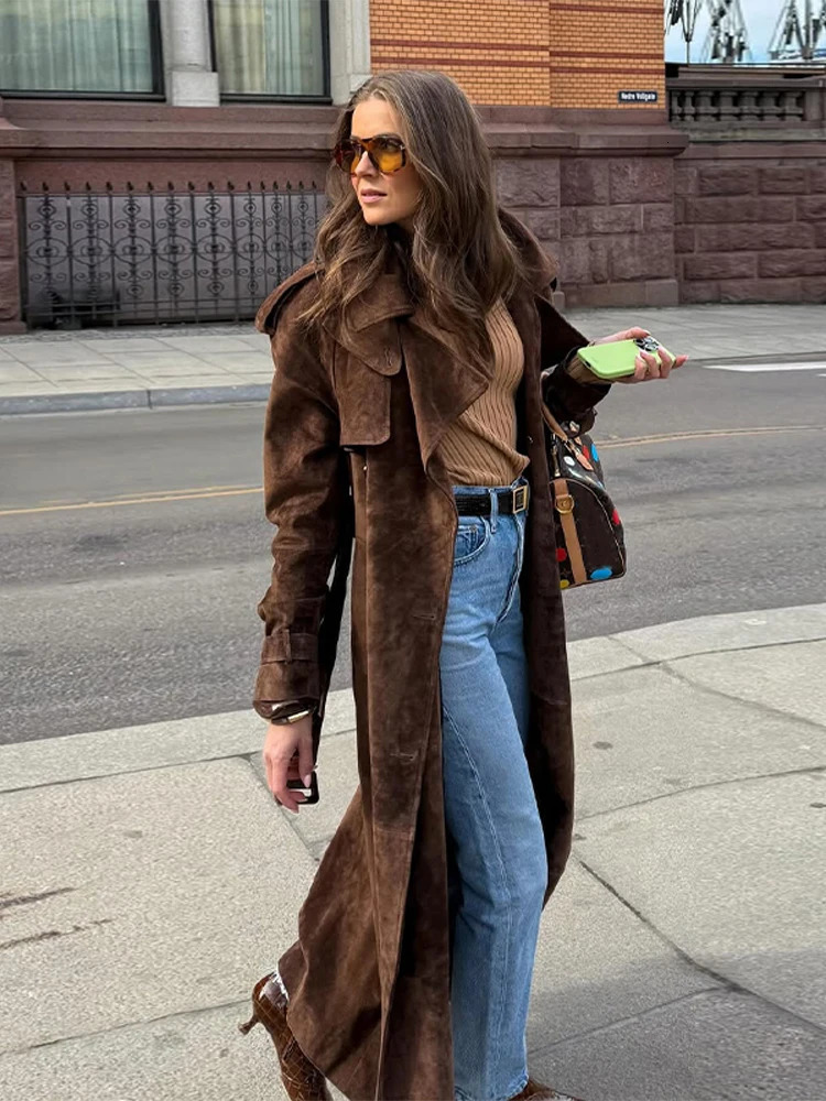 Fashion Brown Long Suede Overcoat Women Solid Chic Lapel Single Breasted Loose Outerwear Lady Autumn Daily High Street Jacket 251213