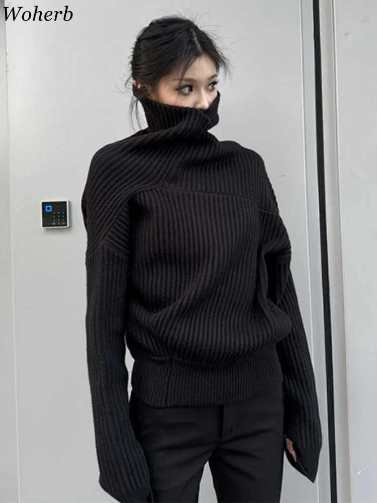 Sueter Mujer Turtleneck Y2K Sweater Tops for Women Black Irregular Casual Jumper Pull Femme Chic Temperament All Match Pullovers 251205