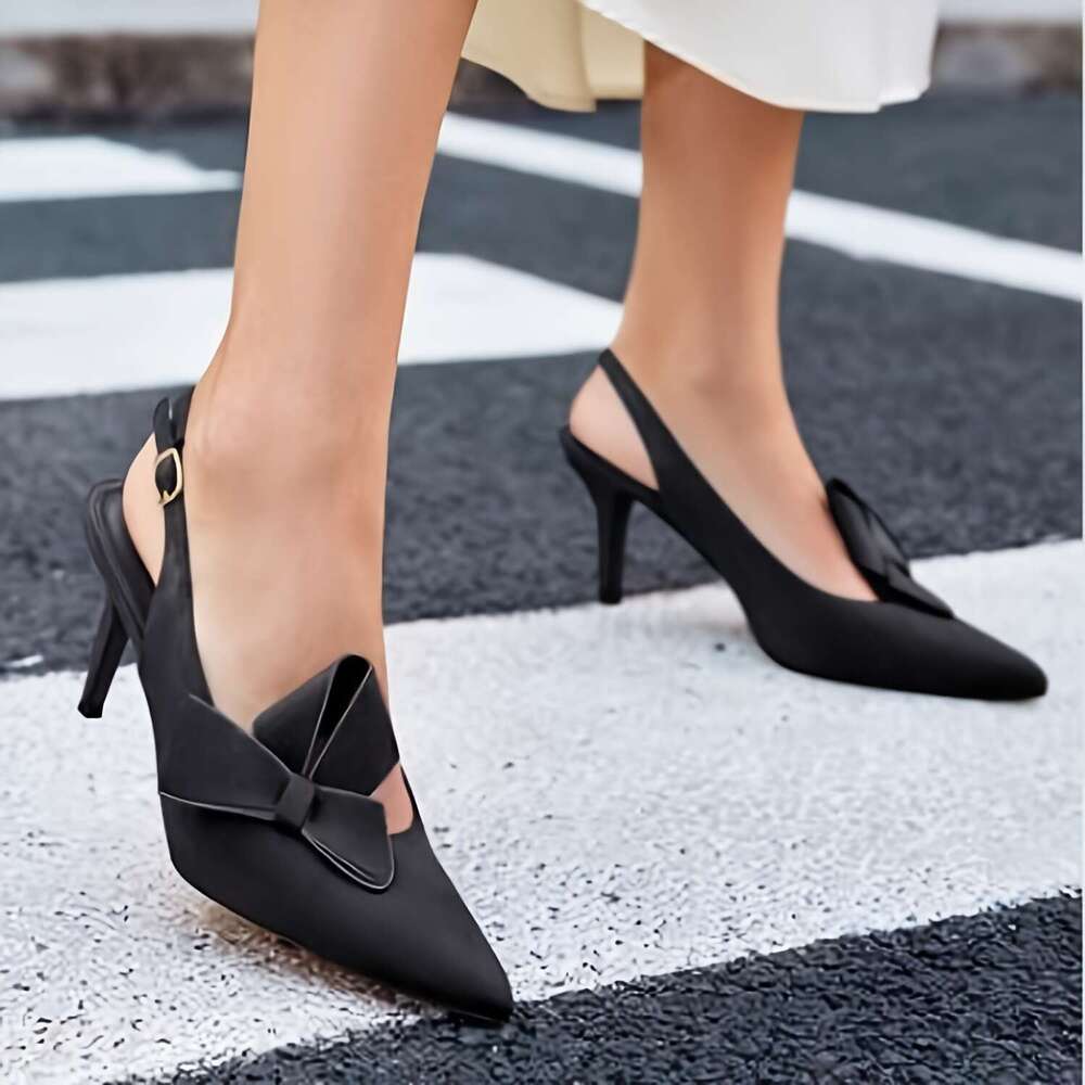 Décolleté Slingback a punta neri da donna con dettagli - Sandali con tacco medio per matrimoni, feste, eventi formali, copertura superiore in PU sin