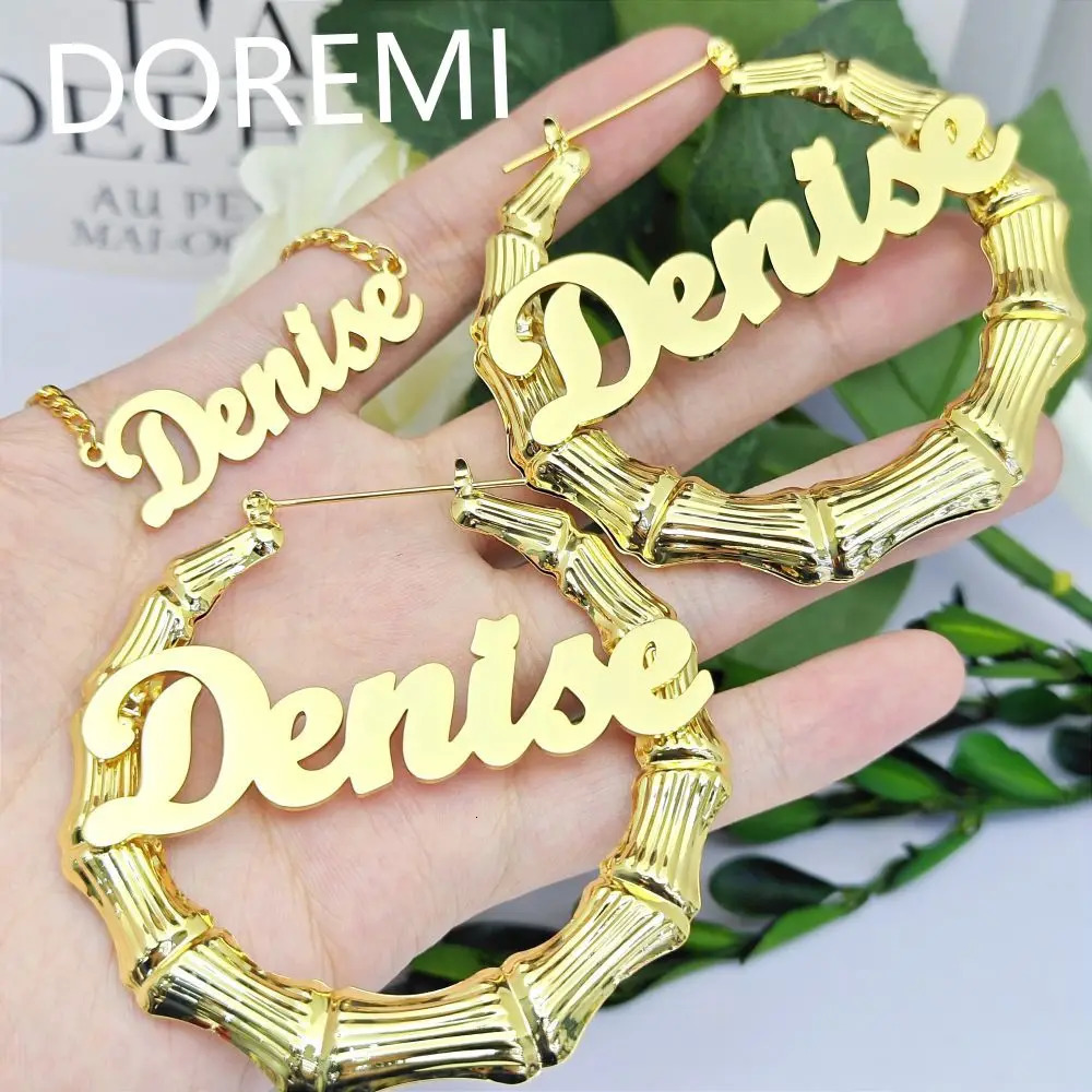 DOREMI Personalized Customized Name Stainless Steel Custom Name Necklace and Bamboo Hoop Earring Set Name Jewelry Set for Mother 251211