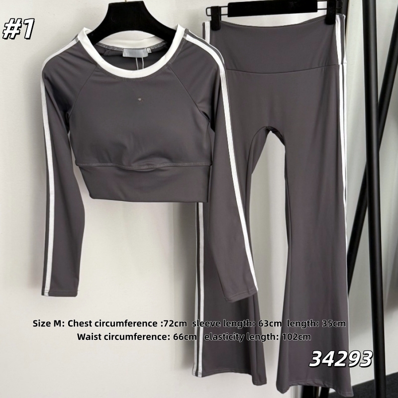 Women's Yoga Set with Built-In Bra, Long Sleeve Crop Top & High-Waist Flare Pants, Side Stripe Logo Print, S M L Sizes
