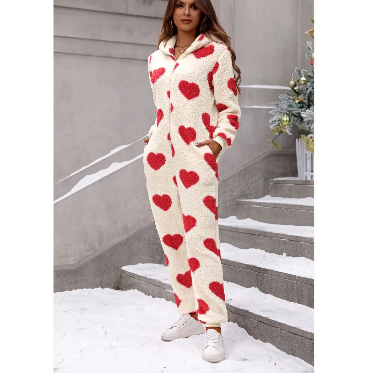 Roupas Femininas Womens Plush Home Christmas Love Print Themed Pajamas Trousers Winter Warm Loose And Comfortable Jumpsuits 251213