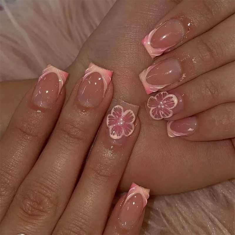 24Pcs Short Square French Nail Tips 3D Embossed Flower Decoration Removable Wearable Press on Nails for Women Girls DIY ManicureT251215-image-1088420319